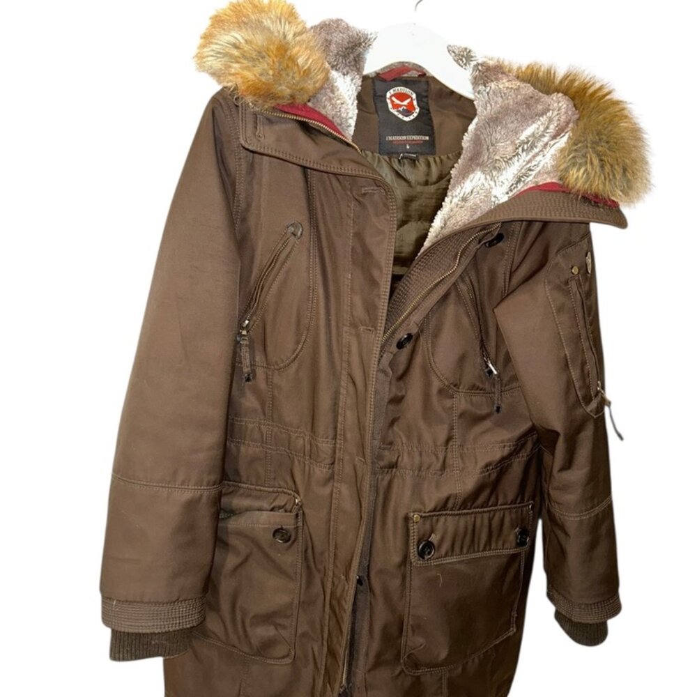 I Madison Expedition Brown lush faux fur trim hooded jacket L